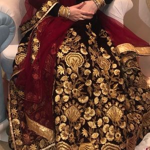 Burgundy Gold Indian Pakistani Velvet Lengha Choli Embroidered Medium Large Smal
